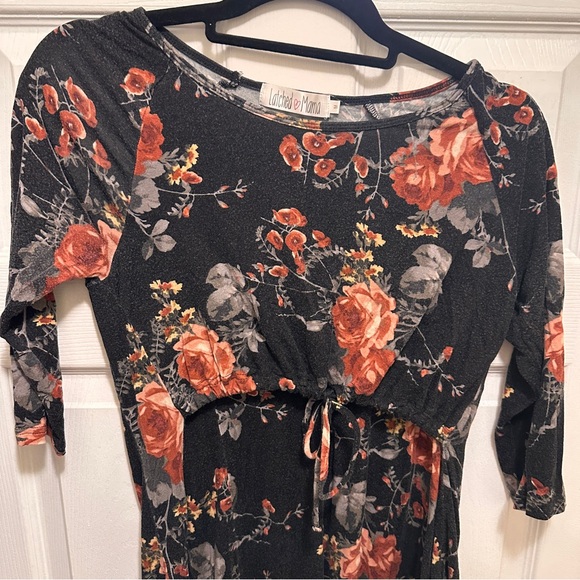 EUC Latched Mama Quarter Sleeve Nursing Midi Dress, Black Floral, Medium - Picture 3 of 8